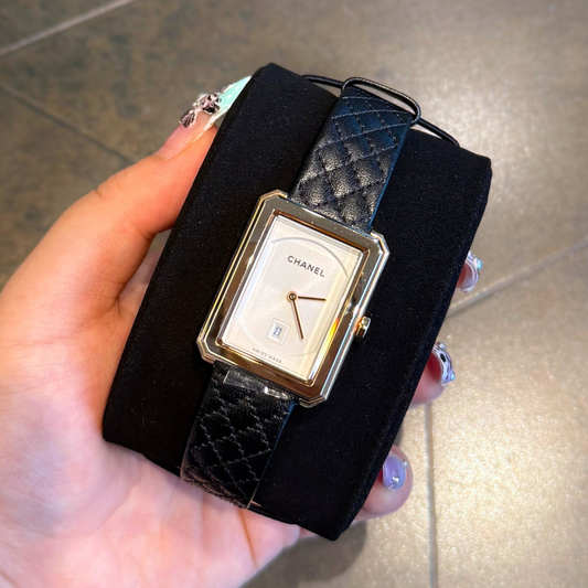 The Boy-Friend Watch, Medium, Beige Gold, Quilted pattern calfskin strap, H6588