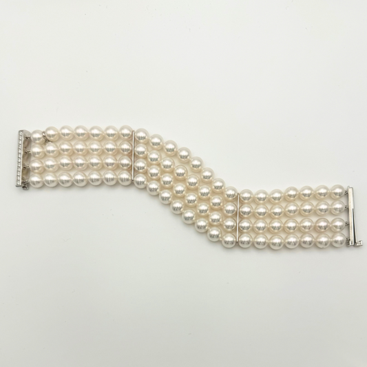 18K White Gold 4 Row Strand Akoya Bracelet 8-8.5mm with 0.49ct Diamond Clasp