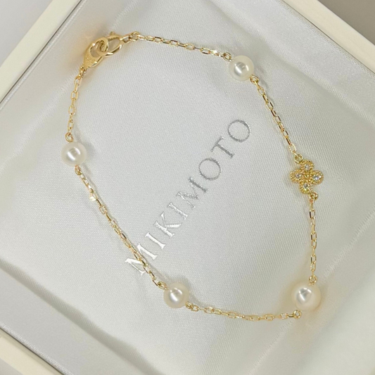 18K Yellow Gold Akoya Pearl 4.5-5.5mm. Diamond 0.02ct Bracelet