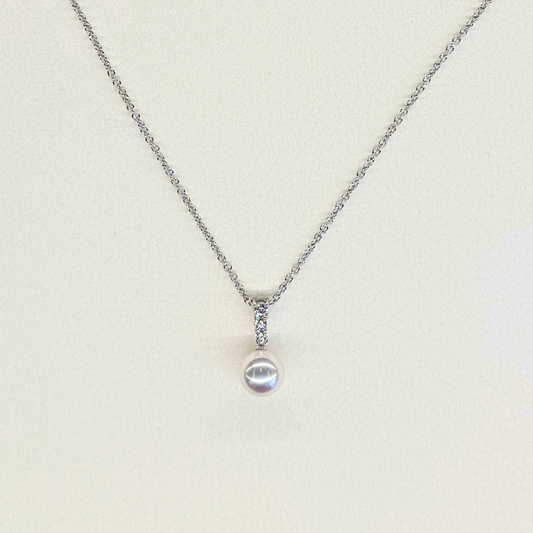 18K White Gold Morning Dew A+ 8mm with 0.12ct Diamond Pendant Necklace