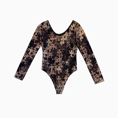 Cross Print Sheer-Mesh Bodysuit