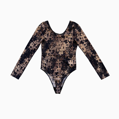 Cross Print Sheer-Mesh Bodysuit