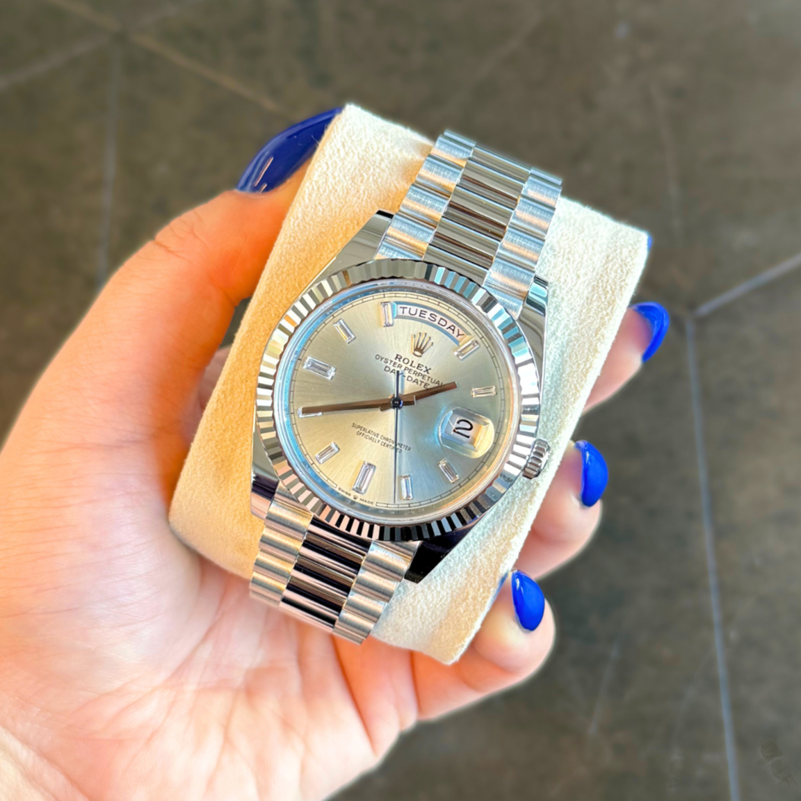 Day-Date 40 Ice Blue with 10 Baguettes, Platinum, 228236A