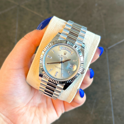 Day-Date 40 Ice Blue with 10 Baguettes, Platinum, 228236A