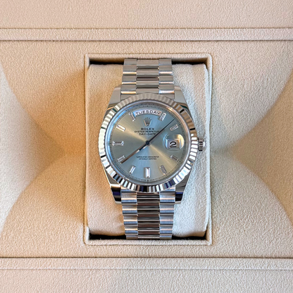 Day-Date 40 Ice Blue with 10 Baguettes, Platinum, 228236A