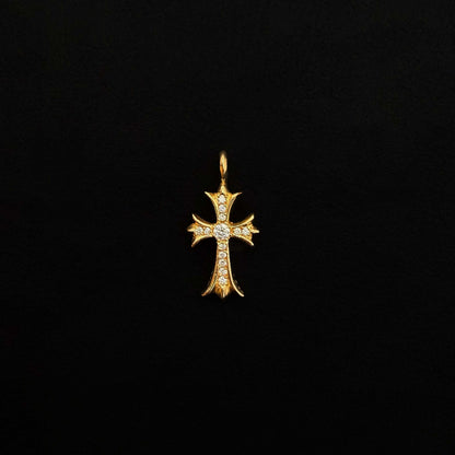 22K Yellow Gold White Diamond Tiny Cross Charm Pendant