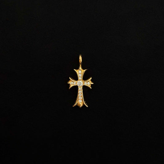 22K Yellow Gold White Diamond Tiny Cross Charm Pendant