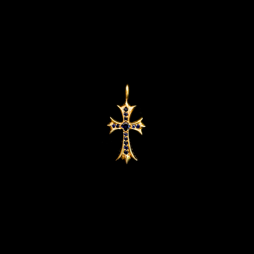22K Yellow Gold Blue Sapphire Tiny Cross Charm Pendant