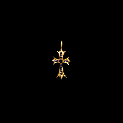 22K Yellow Gold Blue Sapphire Tiny Cross Charm Pendant