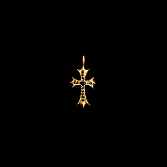 22K Yellow Gold Blue Sapphire Tiny Cross Charm Pendant