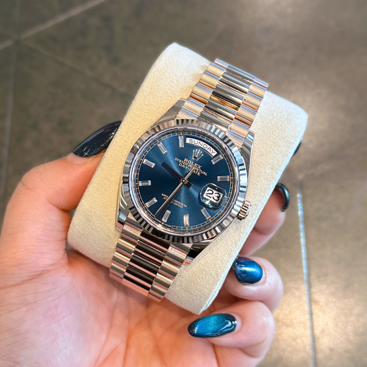 Day-Date 36 Blue Green with 10 Baguettes, Everose gold, 128235