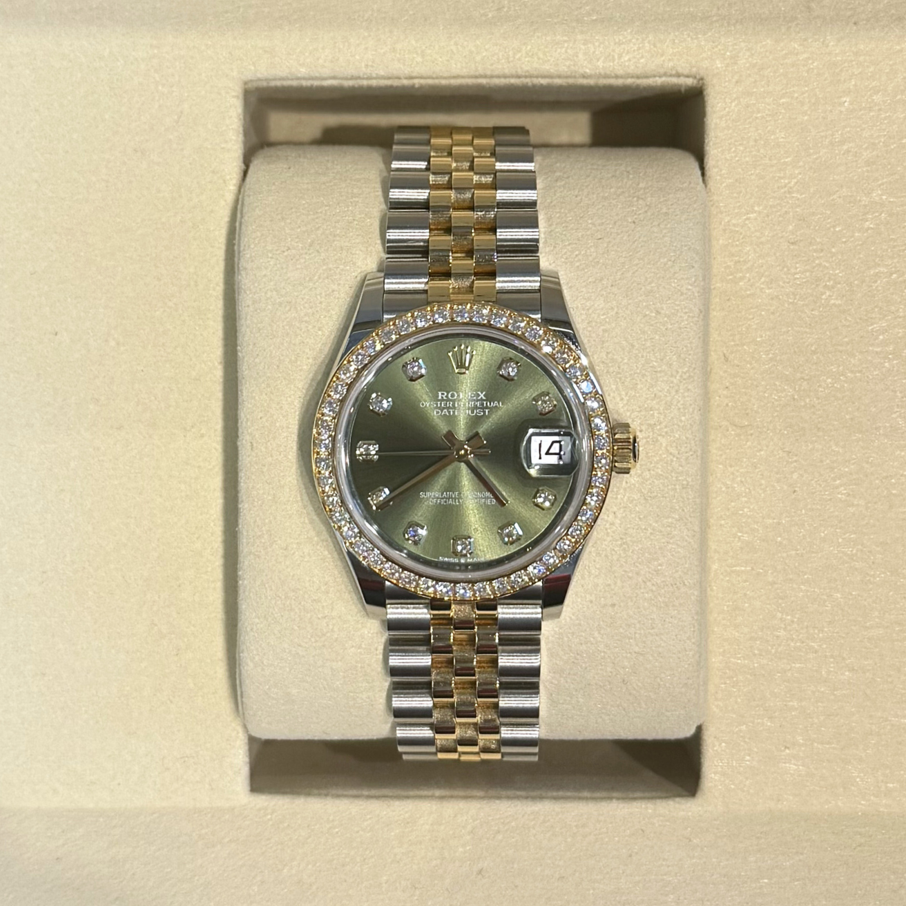 Datejust 31 Olive Green with Diamond-set Jubilee, Oystersteel and yellow gold and Diamonds, 278383RBR