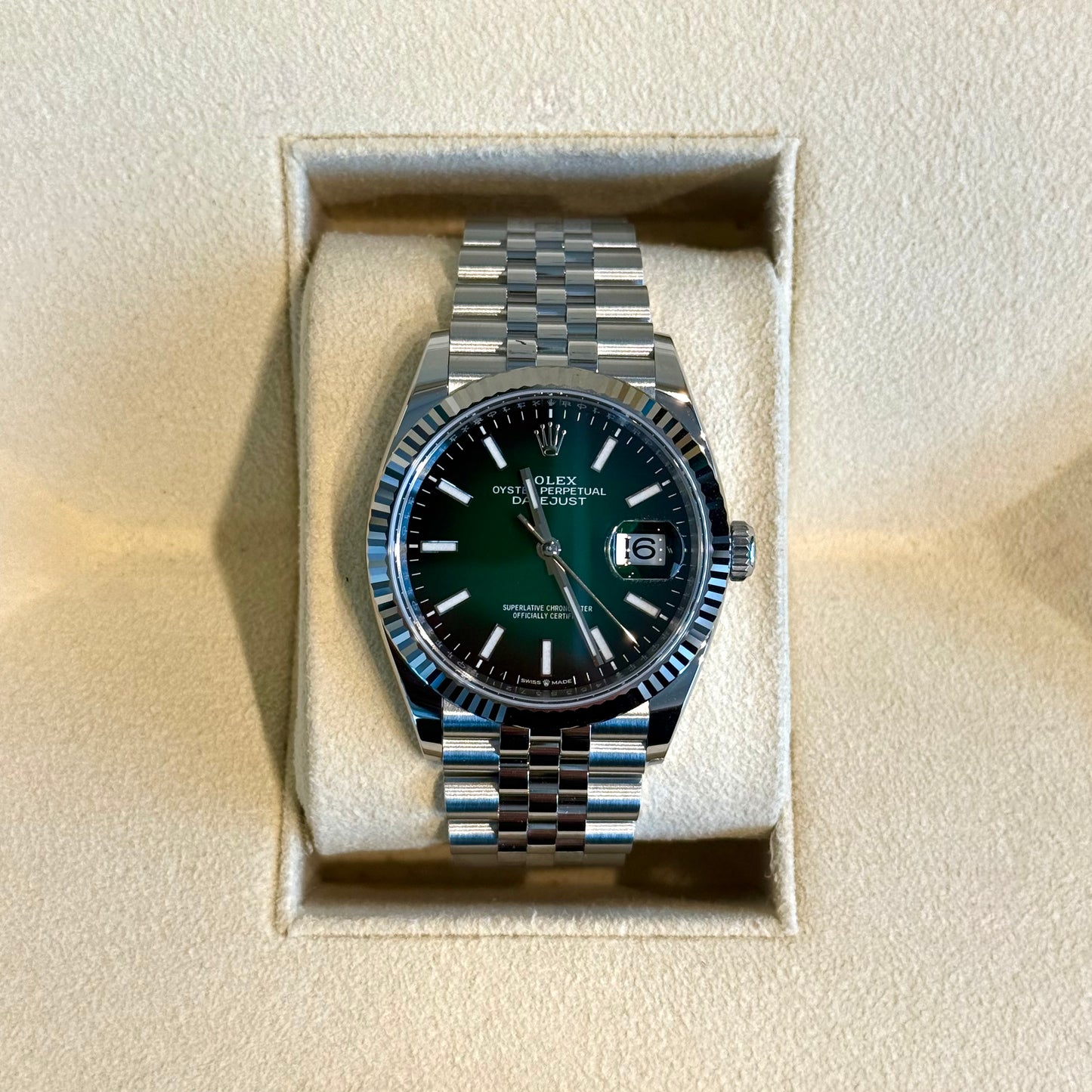 Datejust 36 Green Lacquer Ombré Jubilee, Osytersteel and White Gold, 126234