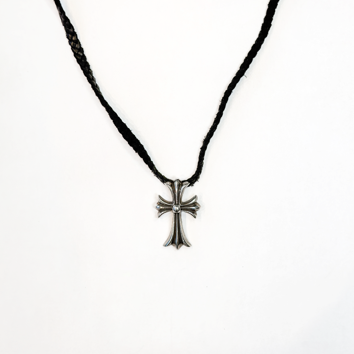 Sterling Silver Cross Pendant w/ Braided Leather Necklace