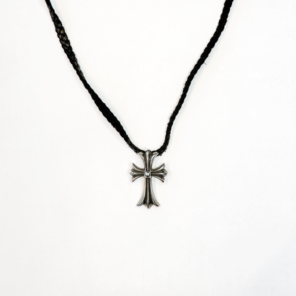 Sterling Silver Cross Pendant w/ Braided Leather Necklace